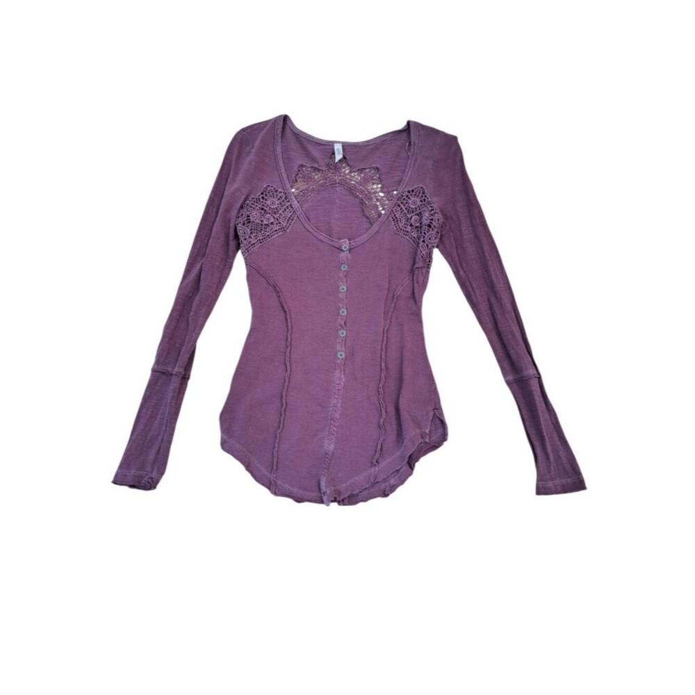 Free People OB375481Women's Purple Toosaloosa Crochet Long Sleeve Henley Top XS